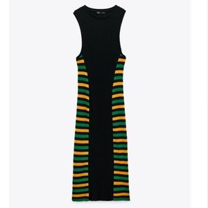 Zara striped black, green and orange ribbed sleeveless midi dress NWT